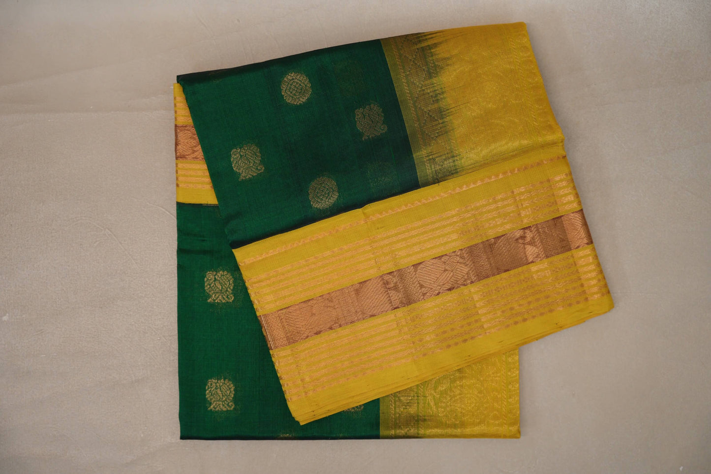 Emerald green with Bright Yellow Borders Vintage Silk Cotton Saree 