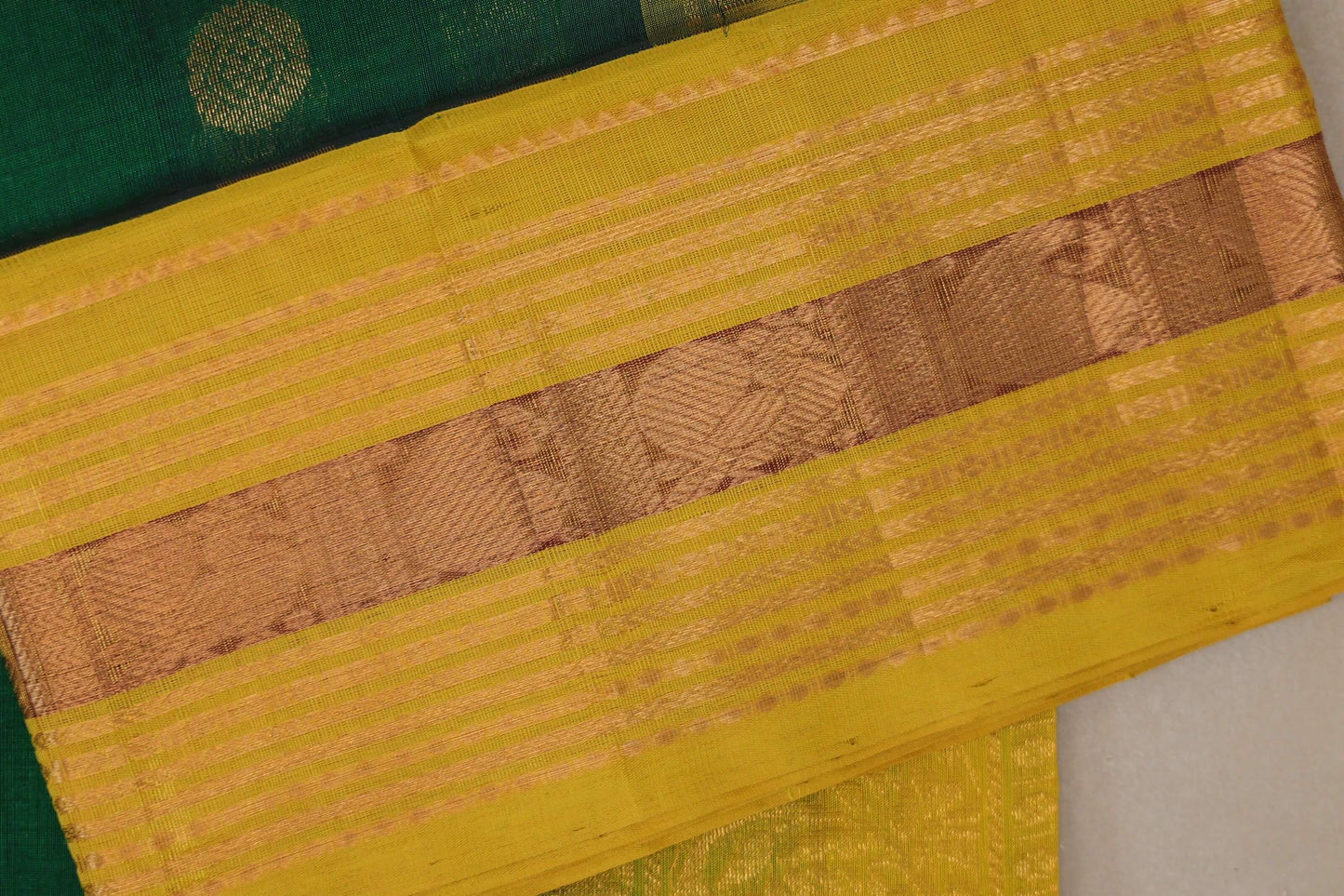 Emerald green with Bright Yellow Borders Vintage Silk Cotton Saree  border