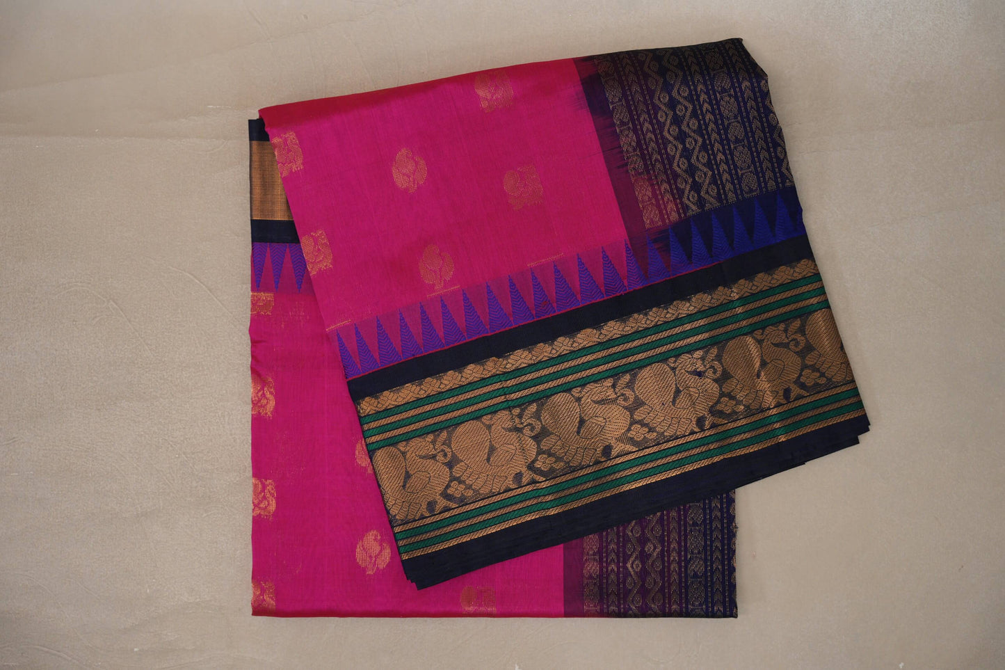 Bright rani pink with Deep Navy Blue Borders Vintage Silk Cotton Saree SS9960
