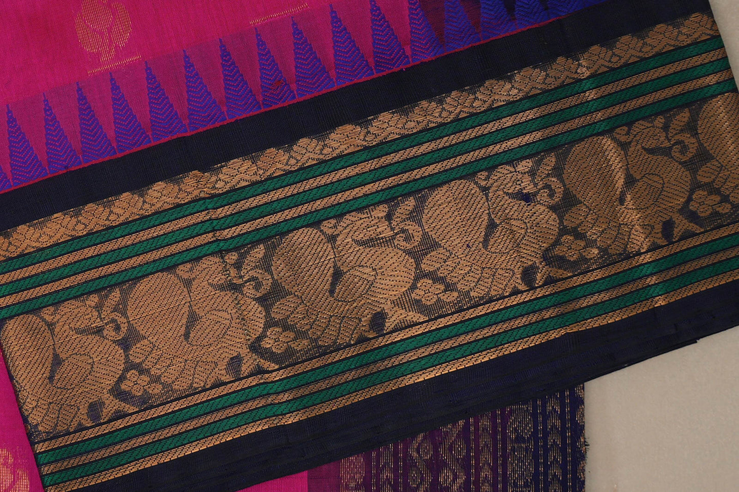 Bright rani pink with Deep Navy Blue Borders Vintage Silk Cotton Saree SS9960