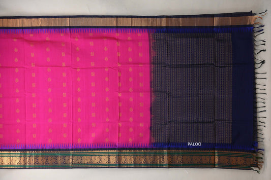 Bright rani pink with Deep Navy Blue Borders Vintage Silk Cotton Saree SS9960