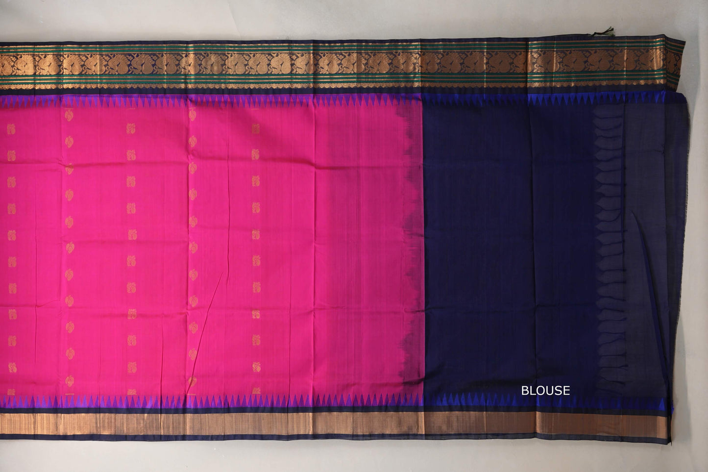 Bright rani pink with Deep Navy Blue Borders Vintage Silk Cotton Saree SS9960