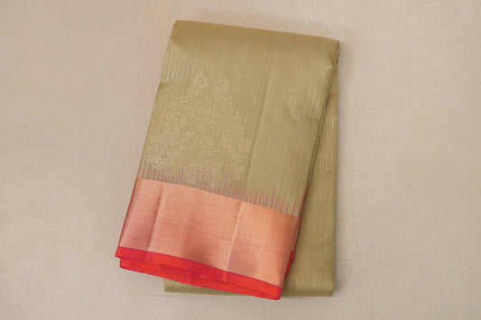 Dark beige with Orangish pink Borders Light Weight Kanchipuram Silk Saree SS8780
