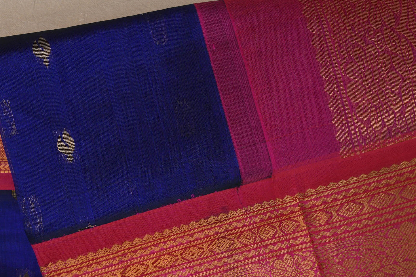 Deep blue with Rani Pink Borders Vintage Silk Cotton Saree  body