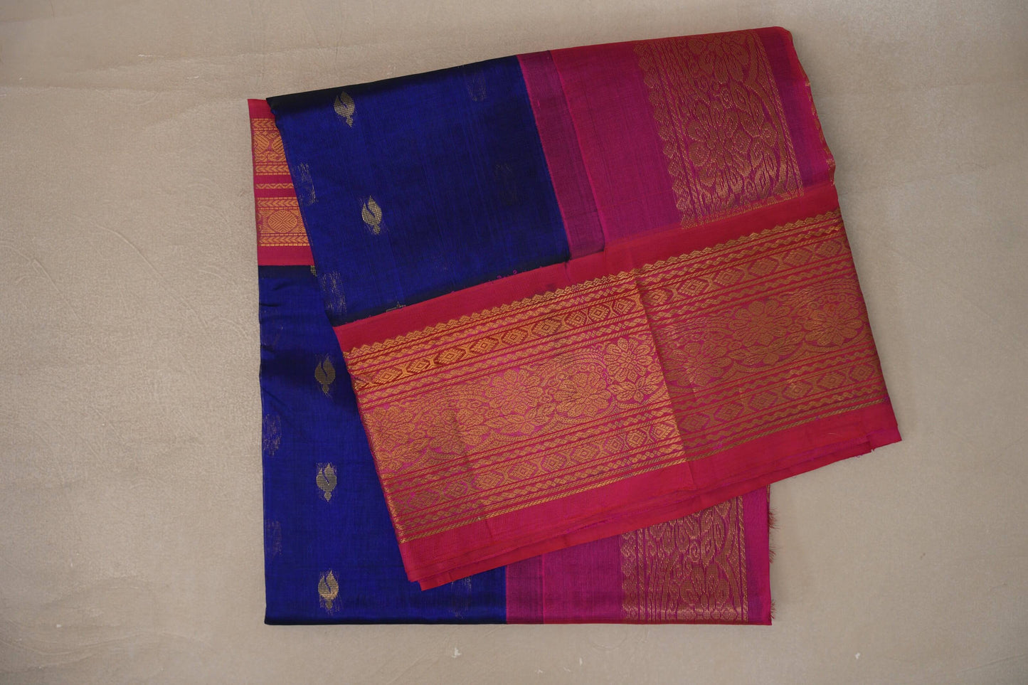 Deep blue with Rani Pink Borders Vintage Silk Cotton Saree 