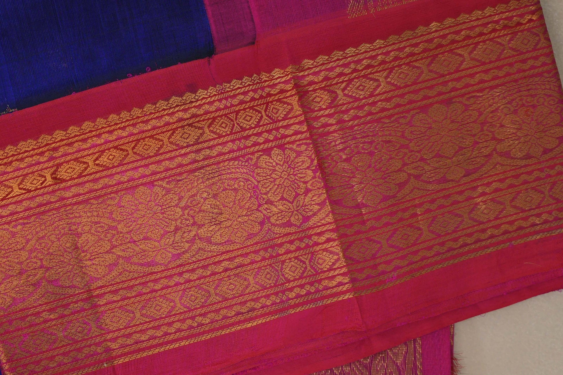Deep blue with Rani Pink Borders Vintage Silk Cotton Saree  border
