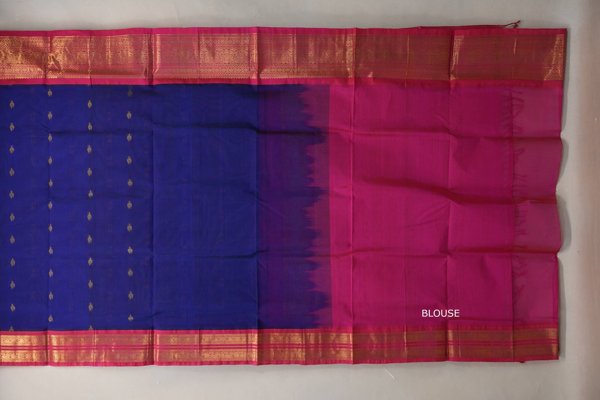 Deep blue with Rani Pink Borders Vintage Silk Cotton Saree  blouse