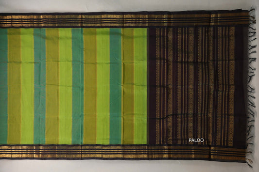 Multi color with Deep Coffee Brown Borders Vintage Silk Cotton Saree  paloo