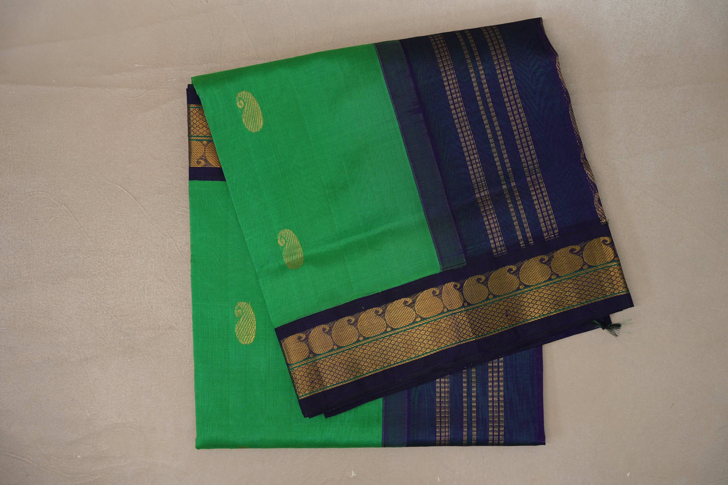 Leaf green with Navy Blue Borders Vintage Silk Cotton Saree