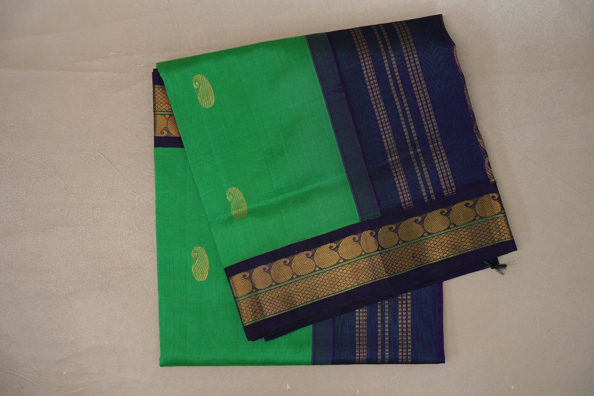 Leaf green with Navy Blue Borders Vintage Silk Cotton Saree