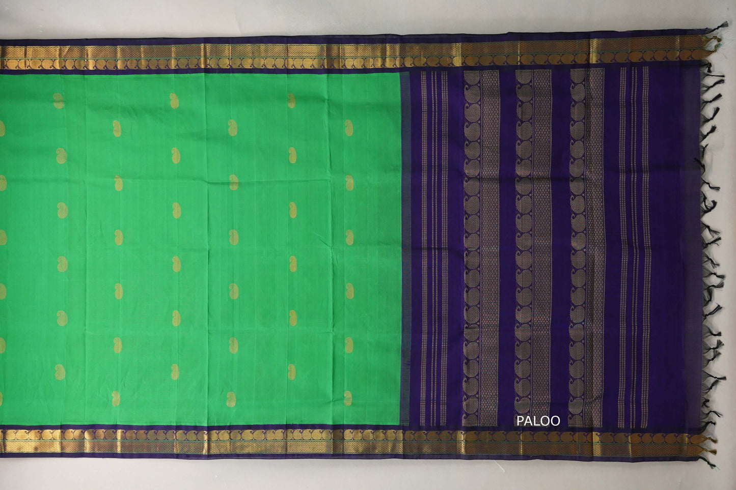 Leaf green with Navy Blue Borders Vintage Silk Cotton Saree paloo