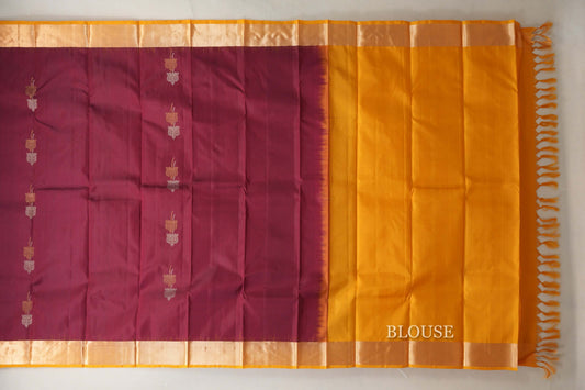 Deep maroon with mustard yellow Borders Light Weight Kanchipuram Silk Saree blouse