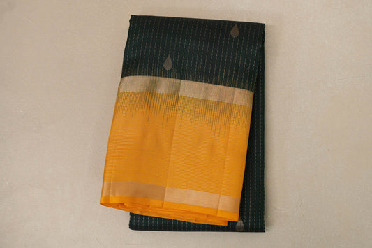 Dark Bottle Green with mustard yellow Borders Light Weight Kanchipuram Silk Saree