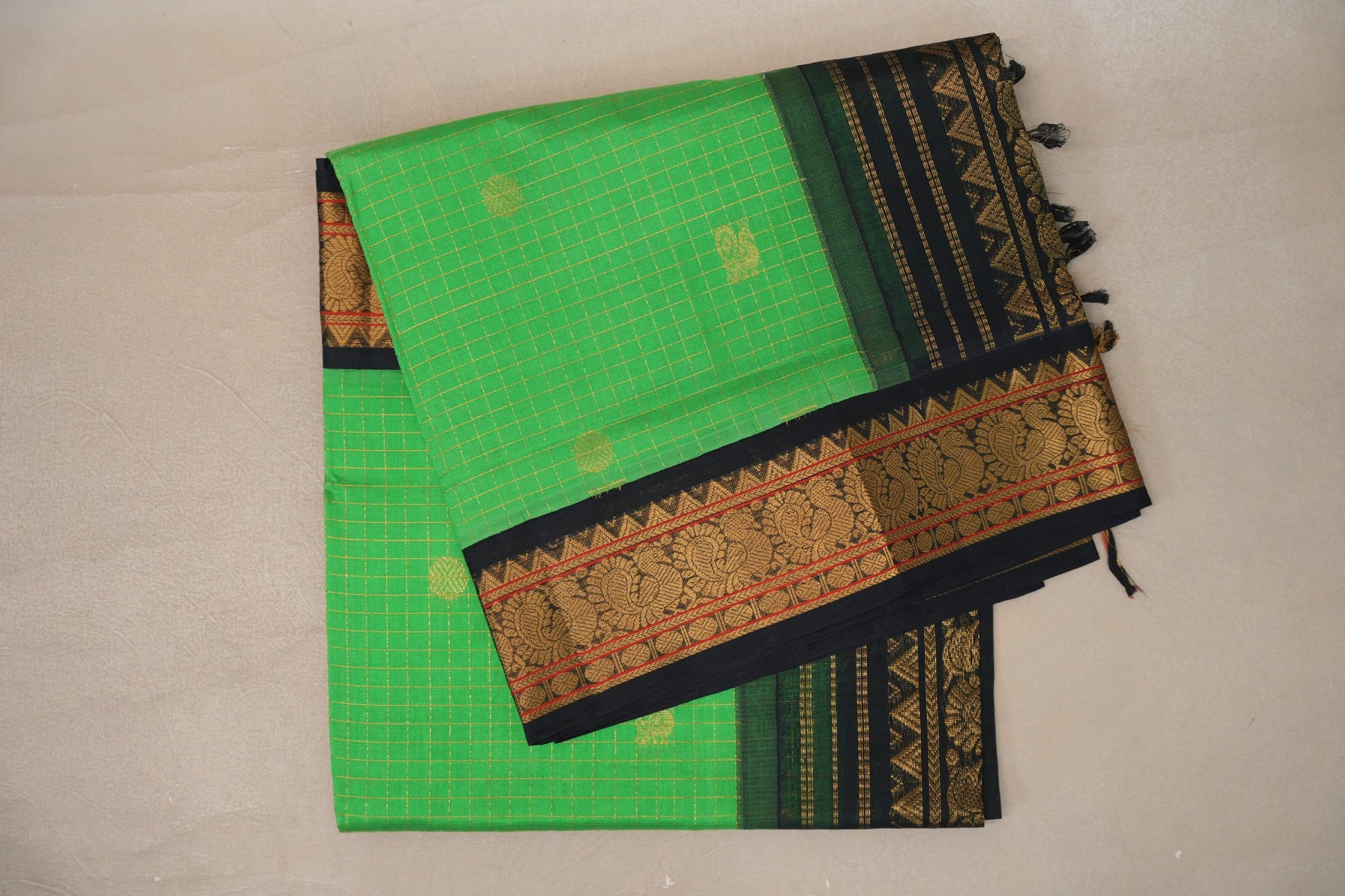 Bright Green with Black Borders Vintage Silk Cotton Saree