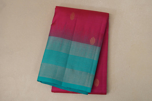 Rani pink with Aqua Blue Borders Light Weight Kanchipuram Silk Saree SS8786