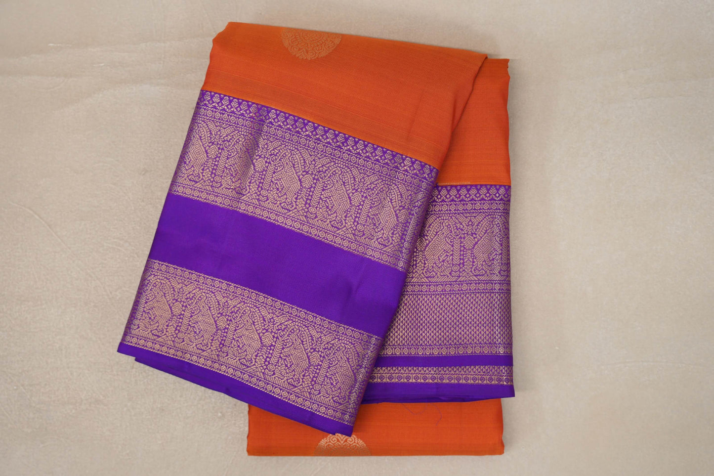 Deep Orange with Violet Purple Borders Soft Silk Saree