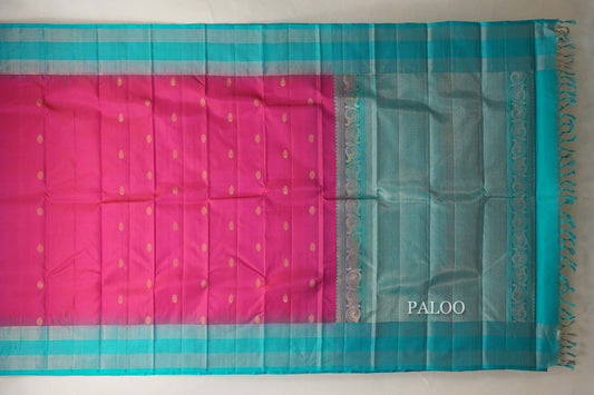 Rani pink with Aqua Blue Borders Light Weight Kanchipuram Silk Saree SS8786