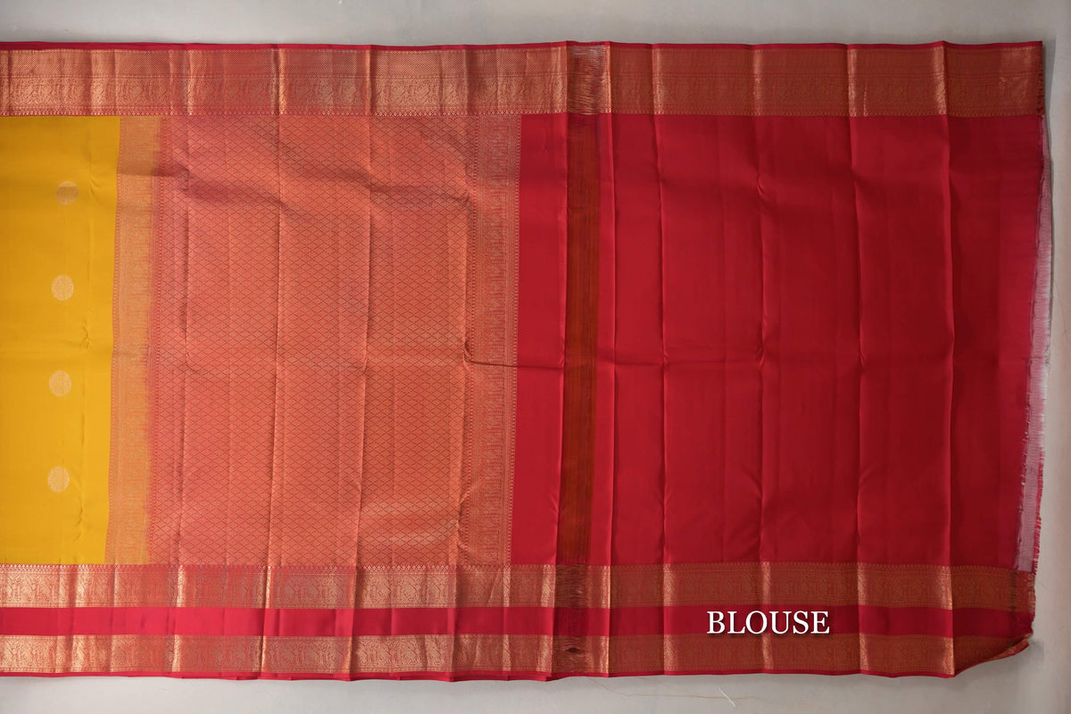 Lemon Yellow with Pinkish Red Borders Soft Silk Saree blouse