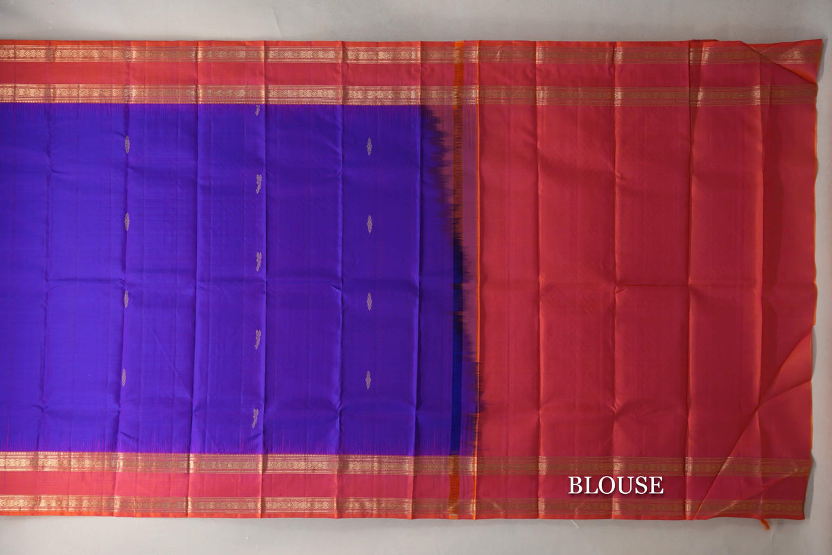 Bright Violet Purple with Dual Tone of Orange and Pink Borders Soft Silk Saree blouse