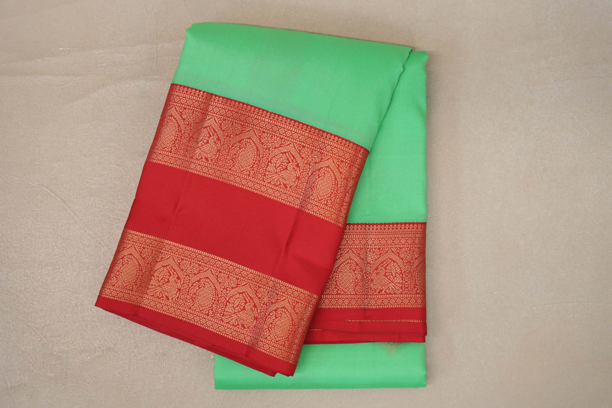 Mint Green with Bright Red Borders Soft Silk Saree