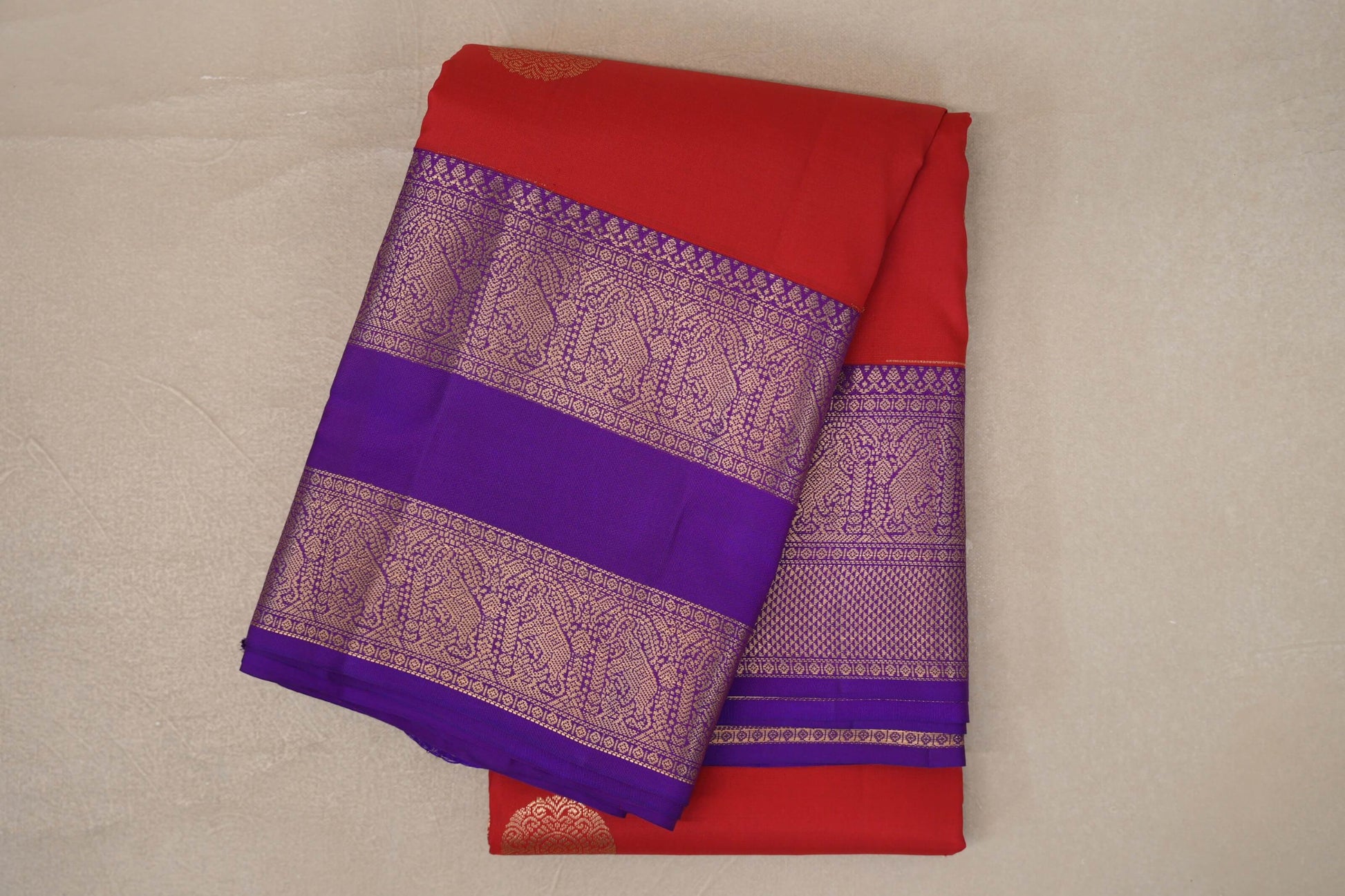 Tomato Red with Indigo Borders Soft Silk Saree