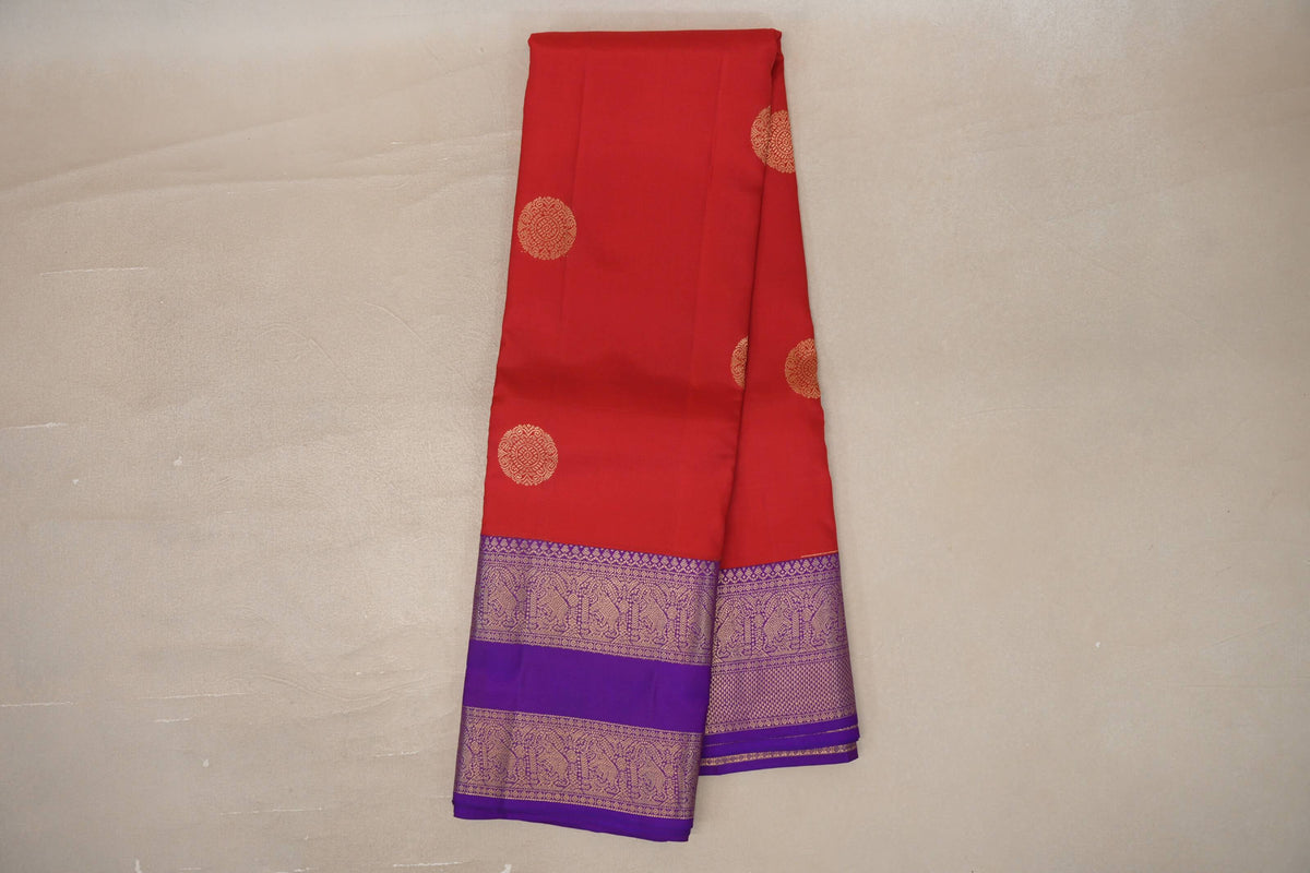 Online Tomato Red with Indigo Borders Soft Silk Saree