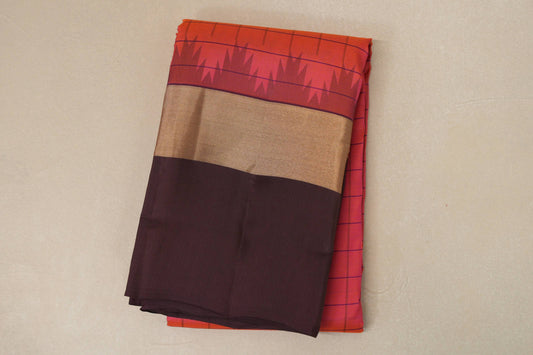 Dual Tone Pink and Orange with coffee brown Borders Light Weight Kanchipuram Silk Saree