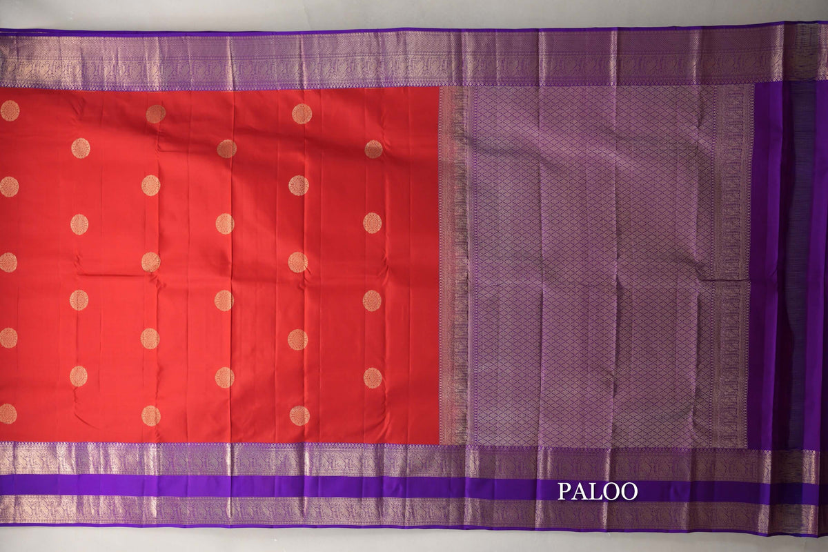 Tomato Red with Indigo Borders Soft Silk Saree paloo