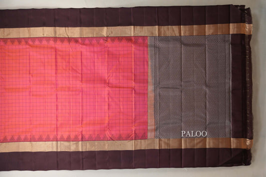 Dual Tone Pink and Orange with coffee brown Borders Light Weight Kanchipuram Silk Saree paloo