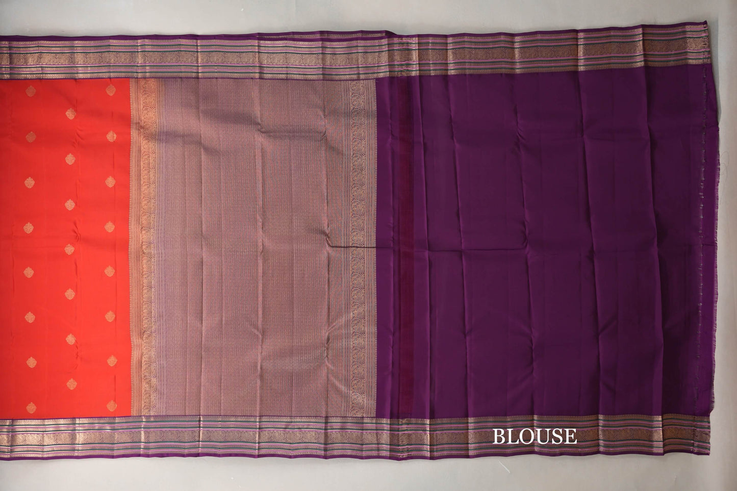 Tomato Red with Deep Purple Borders Soft Silk Saree blouse