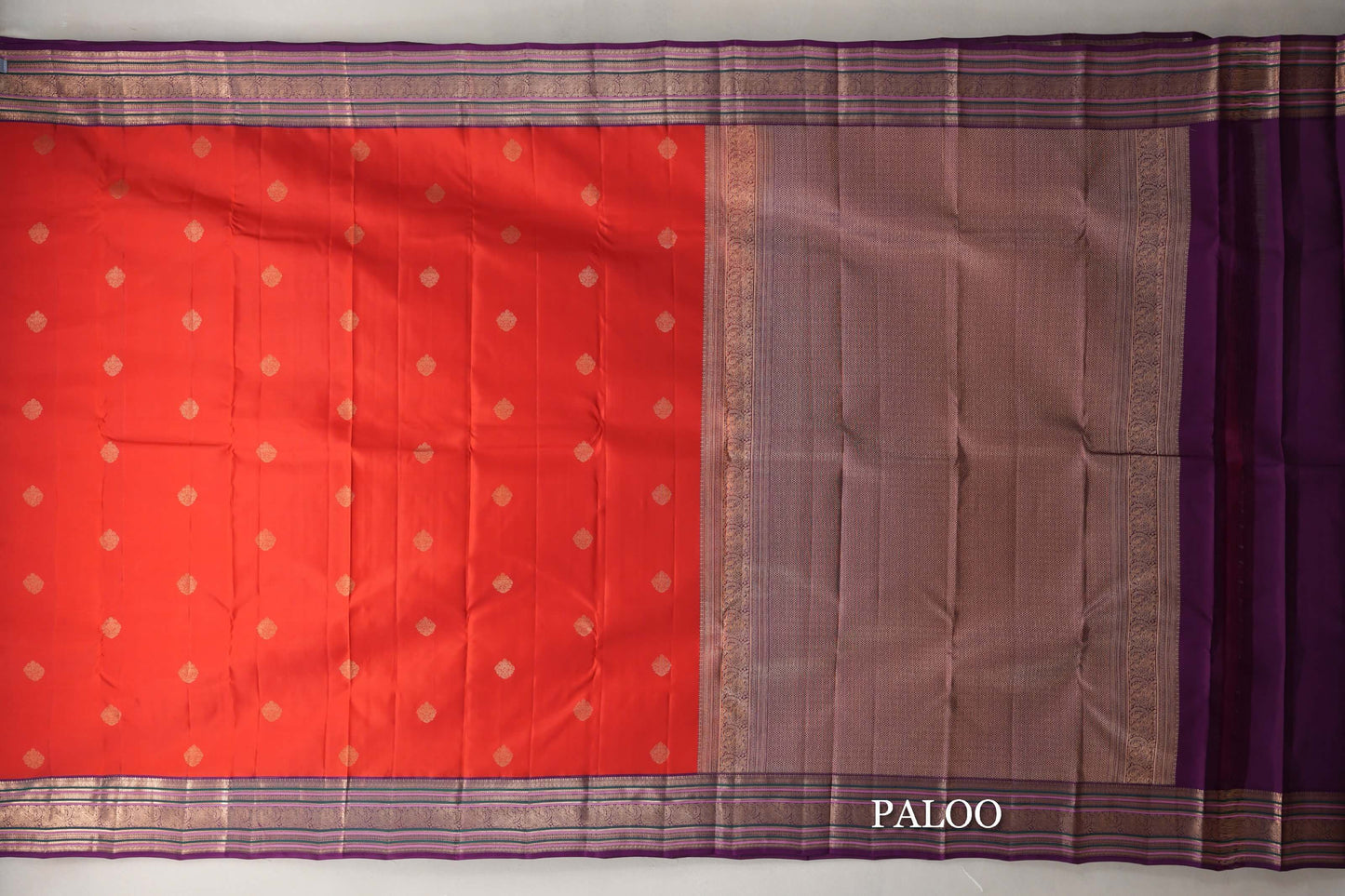 Tomato Red with Deep Purple Borders Soft Silk Saree plaoo