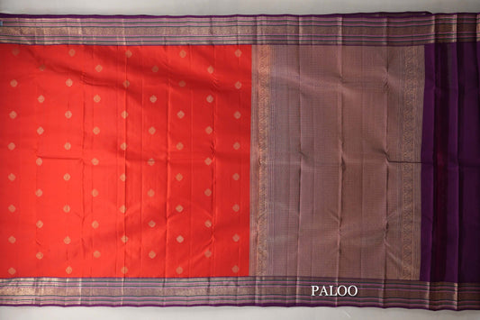 Tomato Red with Deep Purple Borders Soft Silk Saree plaoo