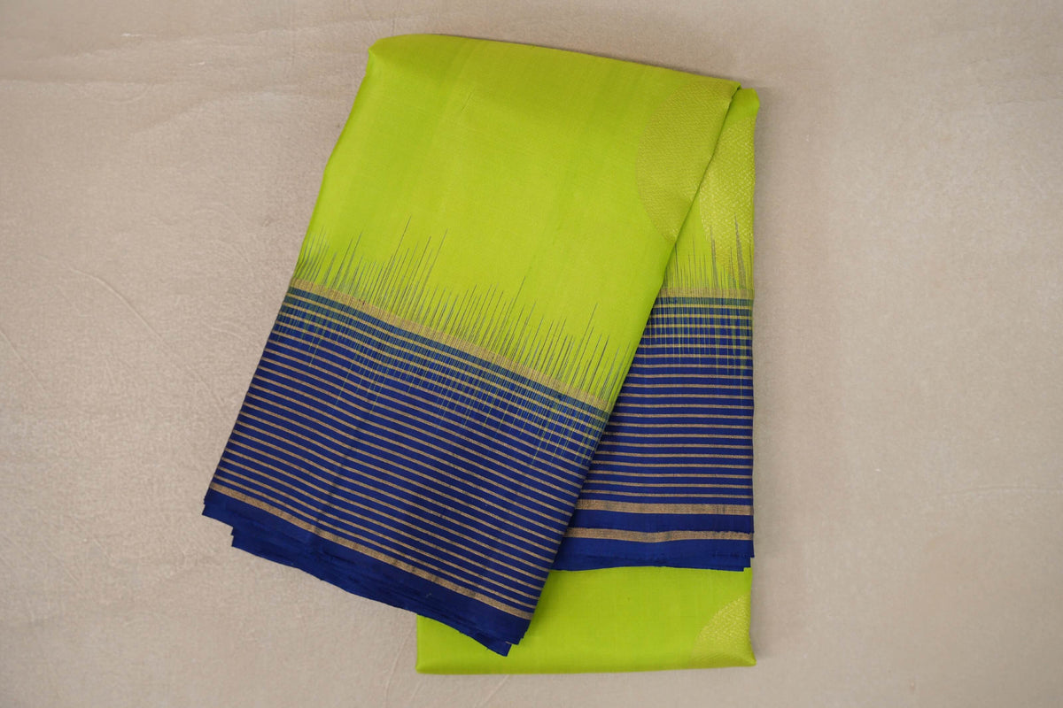 Bright Parrot Green with Deep Blue Borders Soft Silk Saree