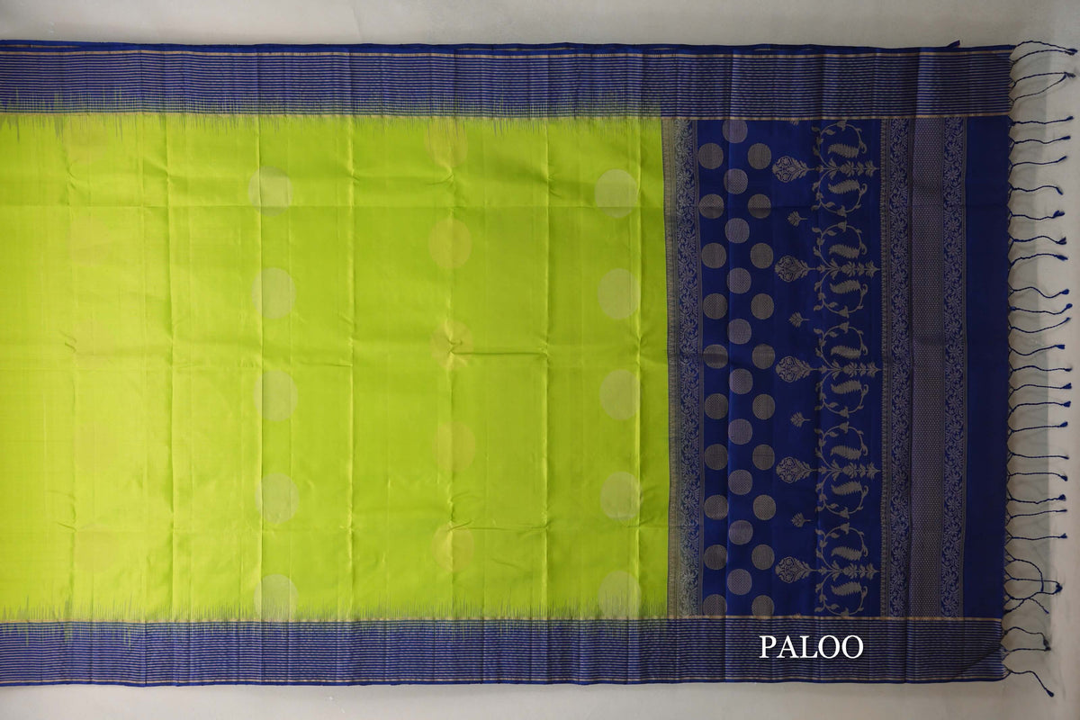 Bright Parrot Green with Deep Blue Borders Soft Silk Saree paloo