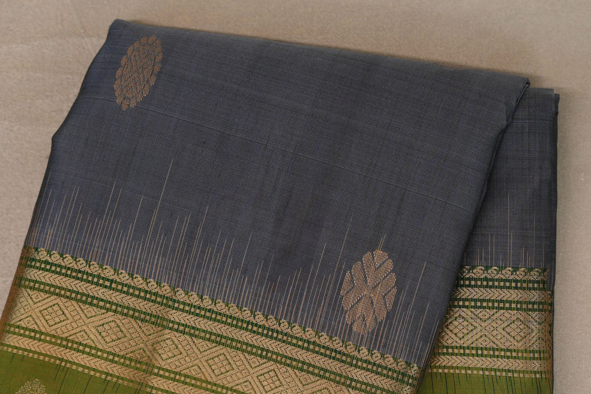 Steel Grey with Dual Tone of Green and Yellow Borders Soft Silk Saree body