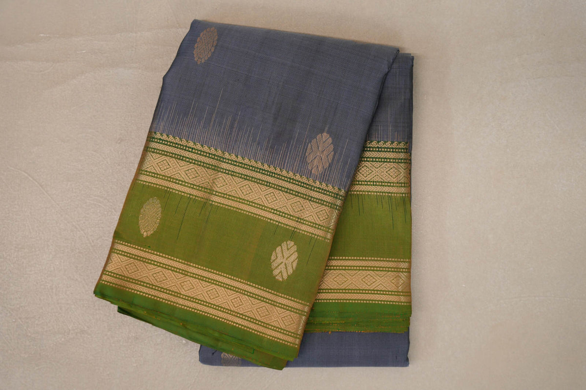 Steel Grey with Dual Tone of Green and Yellow Borders Soft Silk Saree