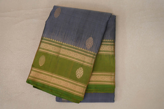 Steel Grey with Dual Tone of Green and Yellow Borders Soft Silk Saree