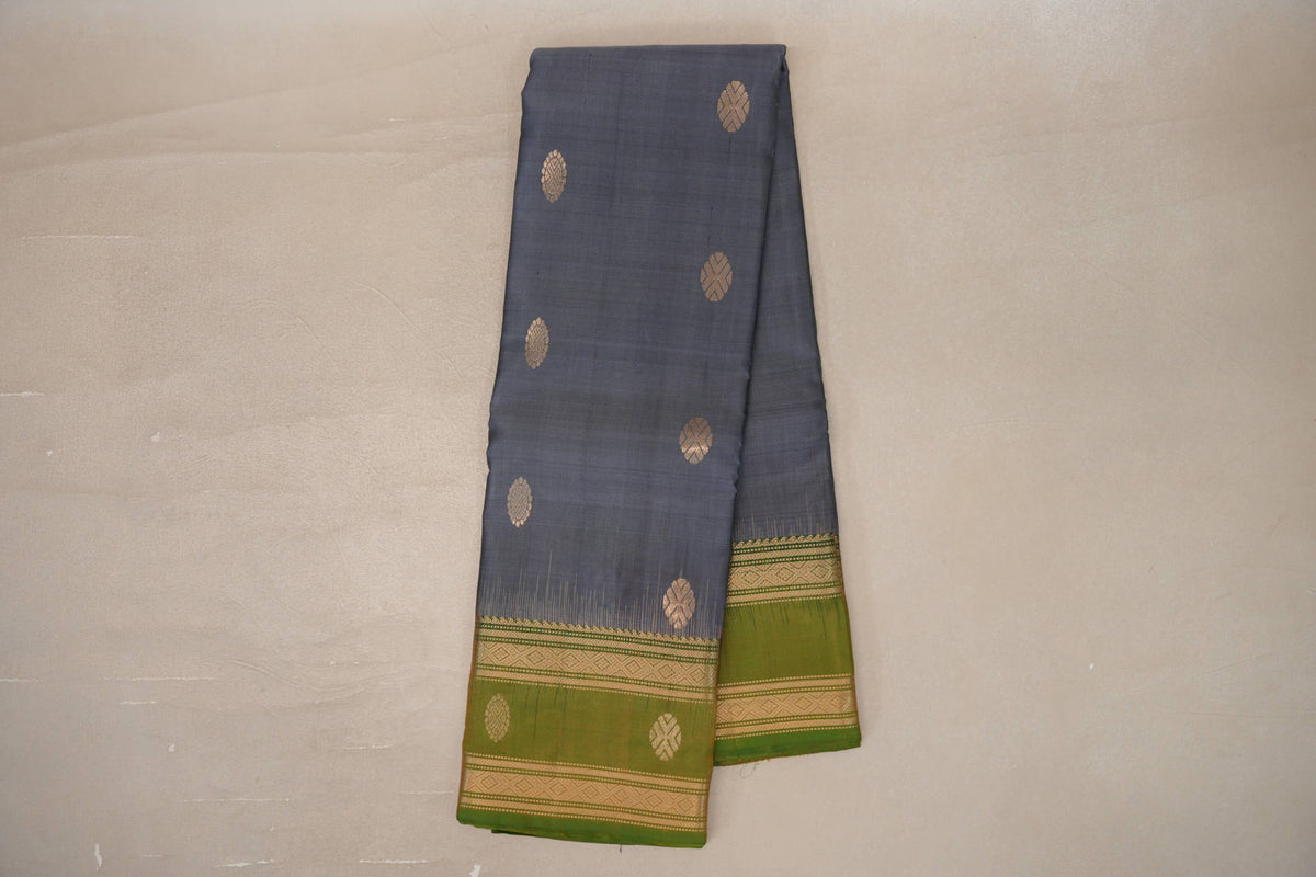 Online Steel Grey with Dual Tone of Green and Yellow Borders Soft Silk Saree
