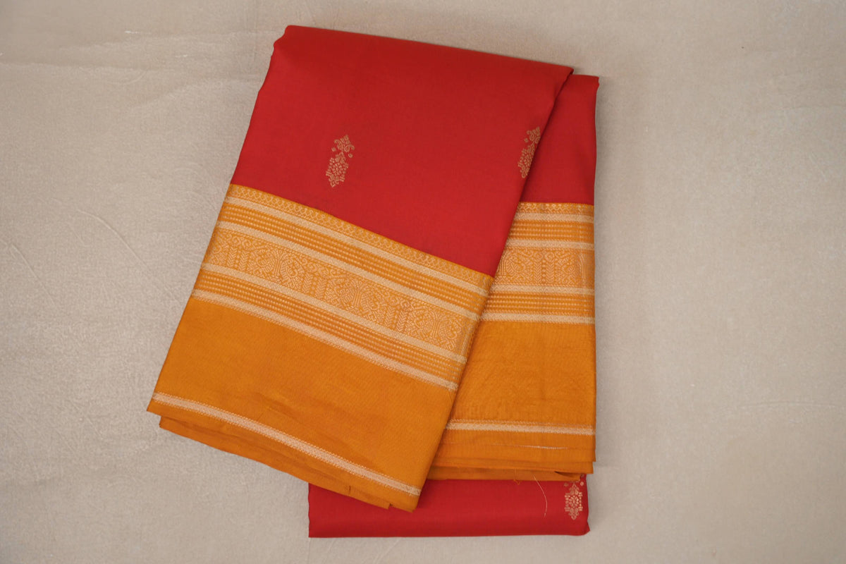 Bright Red with Mustard Borders Soft Silk Saree