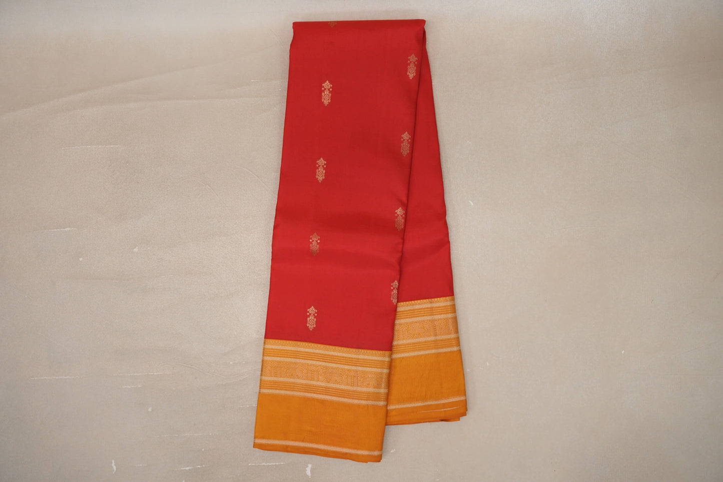 Online Bright Red with Mustard Borders Soft Silk Saree