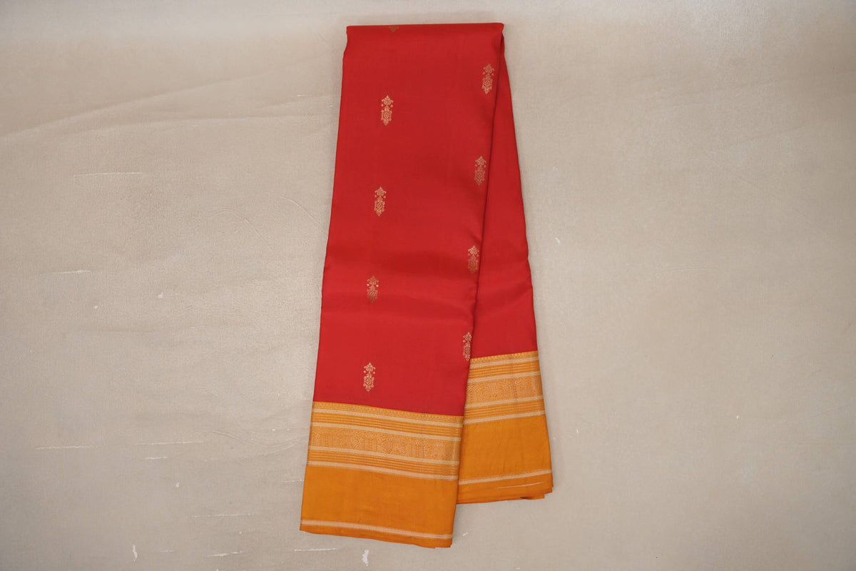 Online Bright Red with Mustard Borders Soft Silk Saree