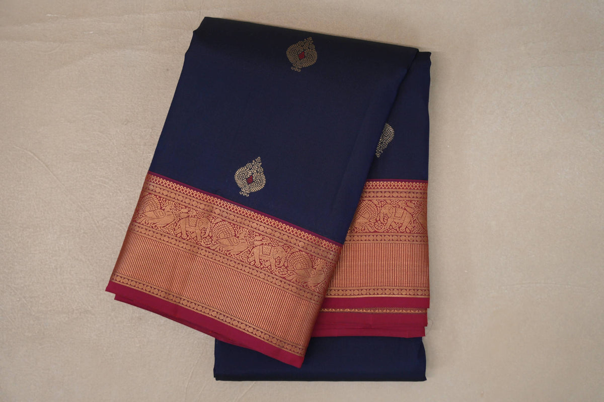Deep Blue with Rani Pink Borders Soft Silk Saree