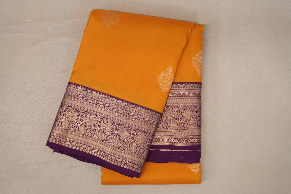 Mango Orange with Deep Purple Borders Soft Silk Saree