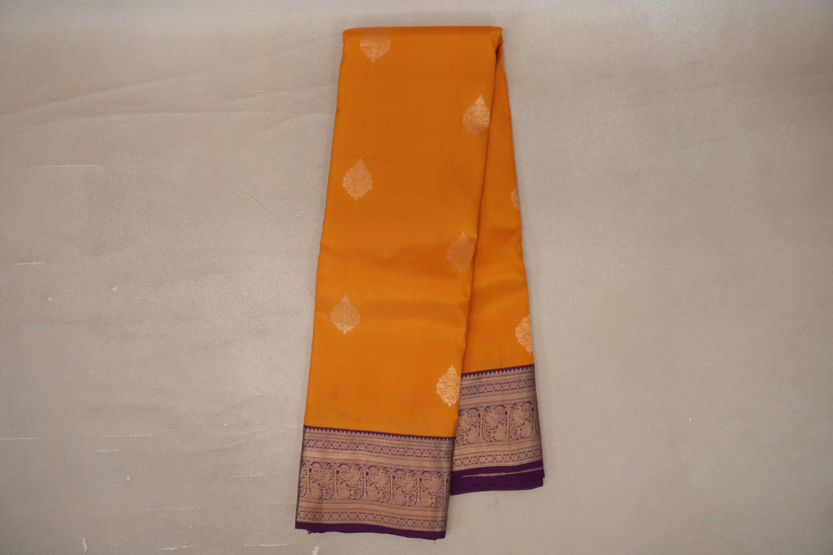 Online Mango Orange with Deep Purple Borders Soft Silk Saree
