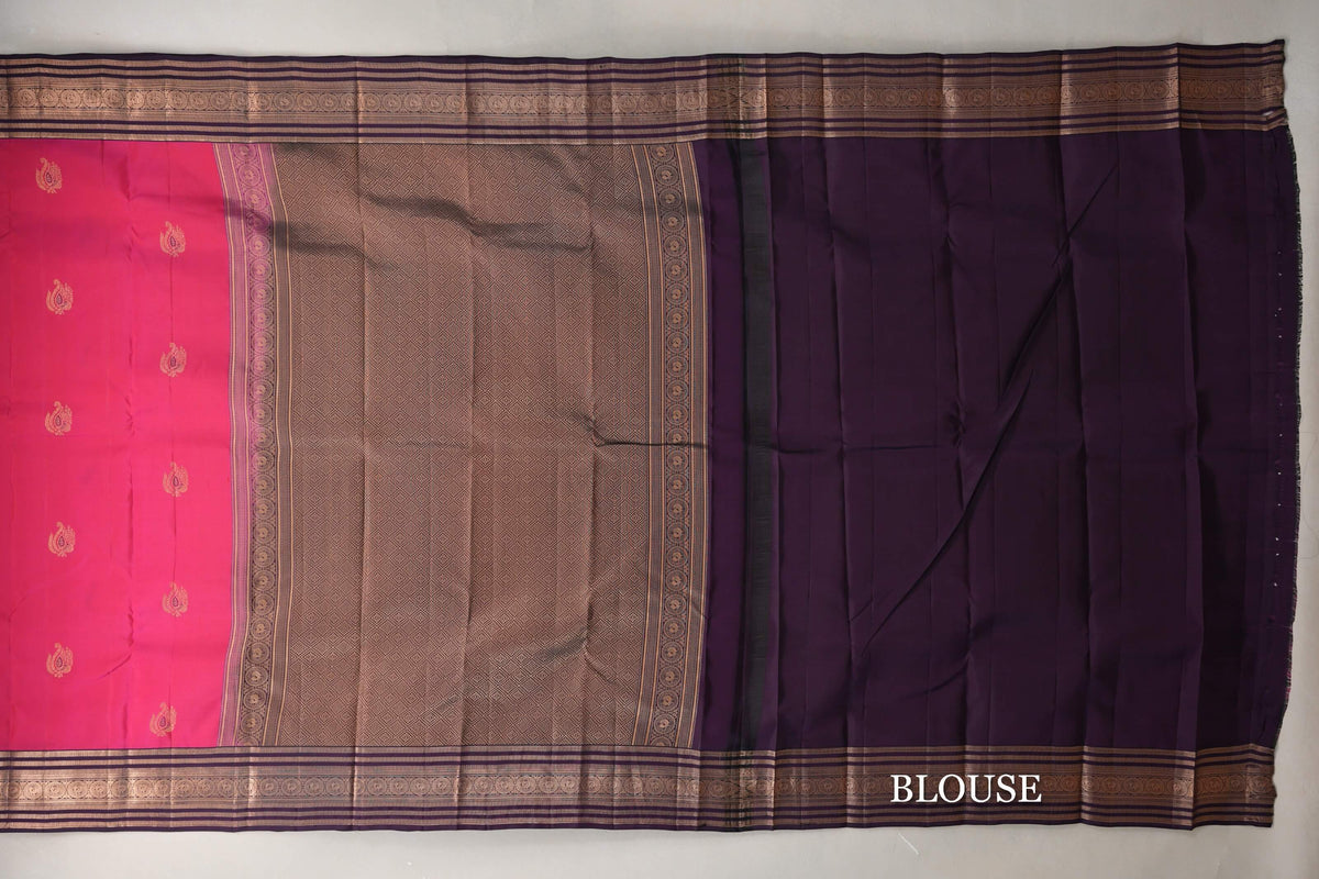 Bright Rani Pink with Deep Purple Borders Soft Silk Saree blouse
