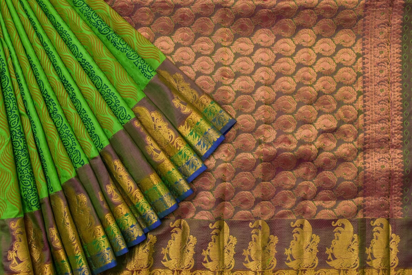 Parrot green Block printed Light Weight Kanjivaram Silk Saree SS5592