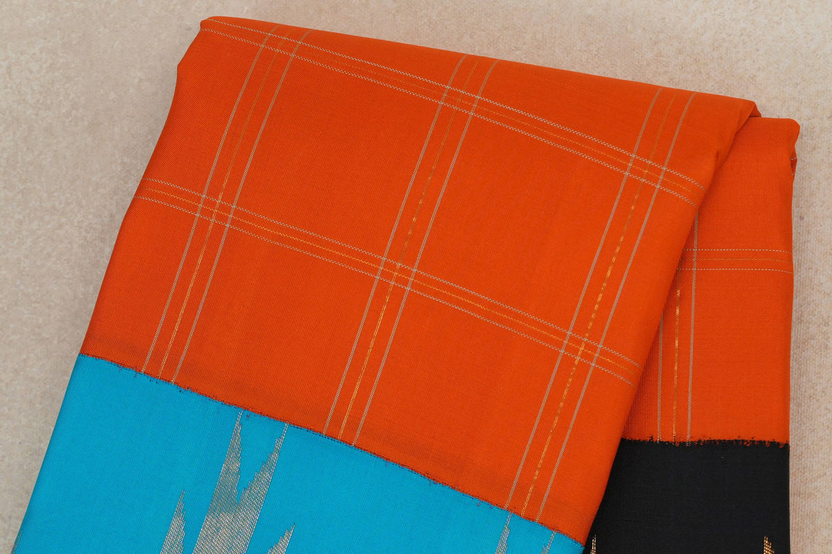 Bright Orange with Bright Aqua Blue/Black Temple Borders Vintage Kanjivaram Silk Saree body