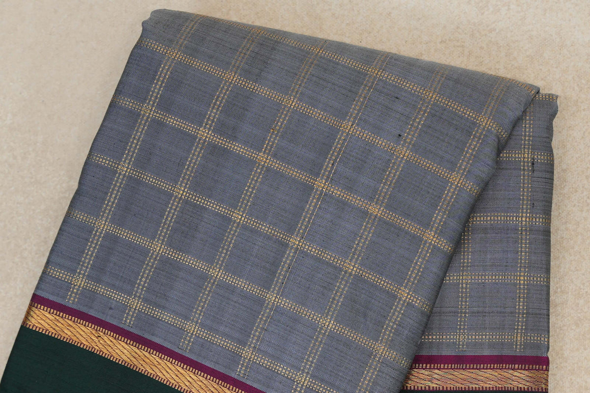 Silver Grey with Deep Magenta with Bottle Green Rettai Pettu Borders Vintage Kanjivaram Silk Saree body