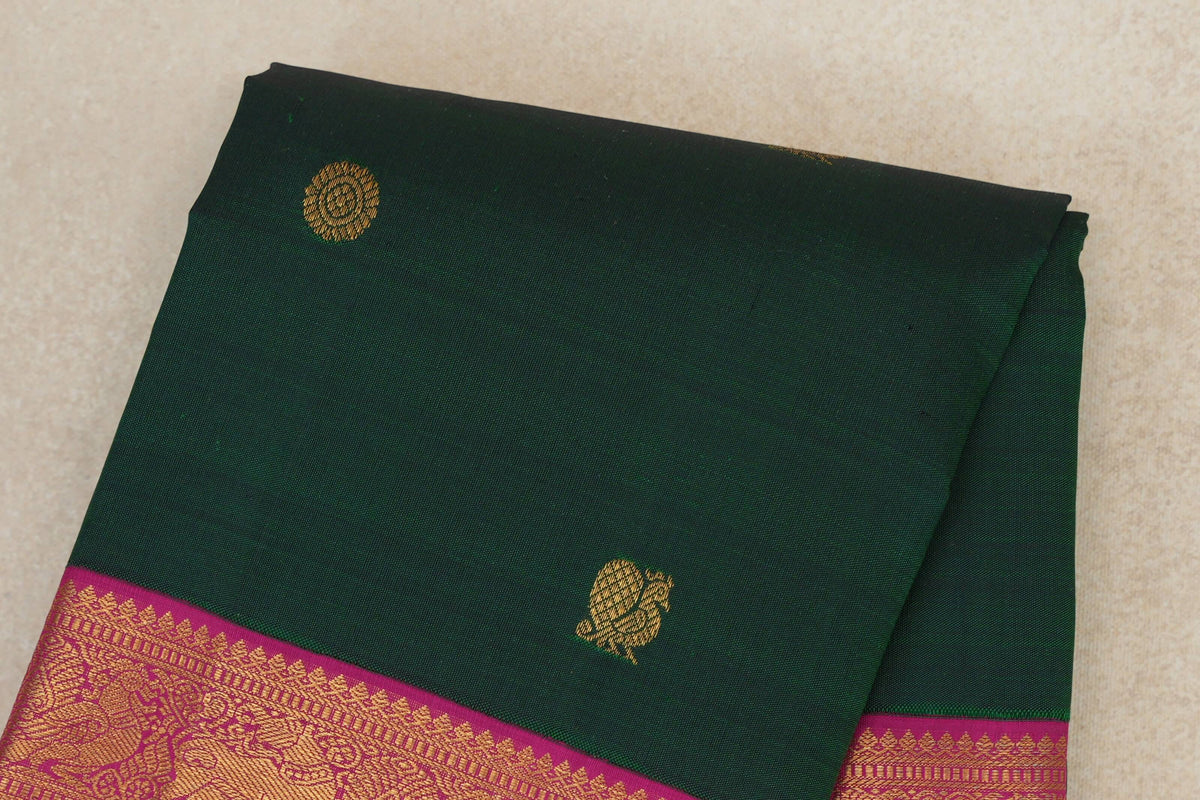 Deep Bottle Green with Bright Rani Pink Borders Vintage Kanjivaram Silk Saree body