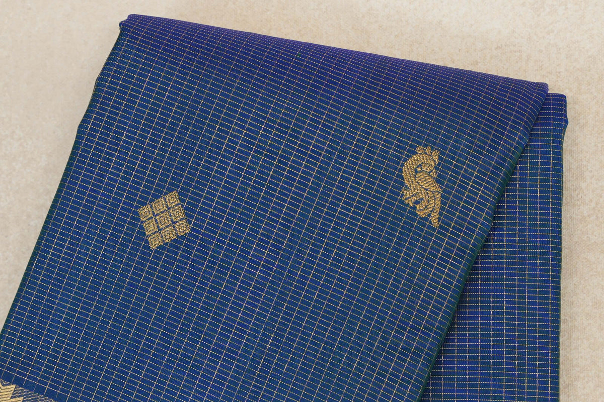 Peacock Blue with Zari Checks Vintage Kanjivaram Silk Saree body